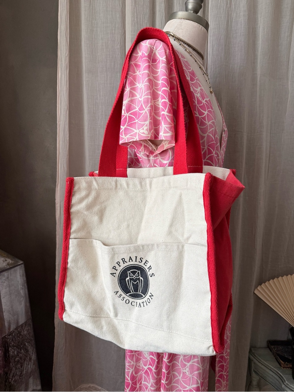 Red & cream canvas Tote Bag Appraisers association grocery trader joes ll bean